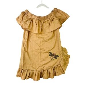 Lyn Around Tan Off Shoulder Ruffle Mini Dress Bumblebee Embroidery Camel Small